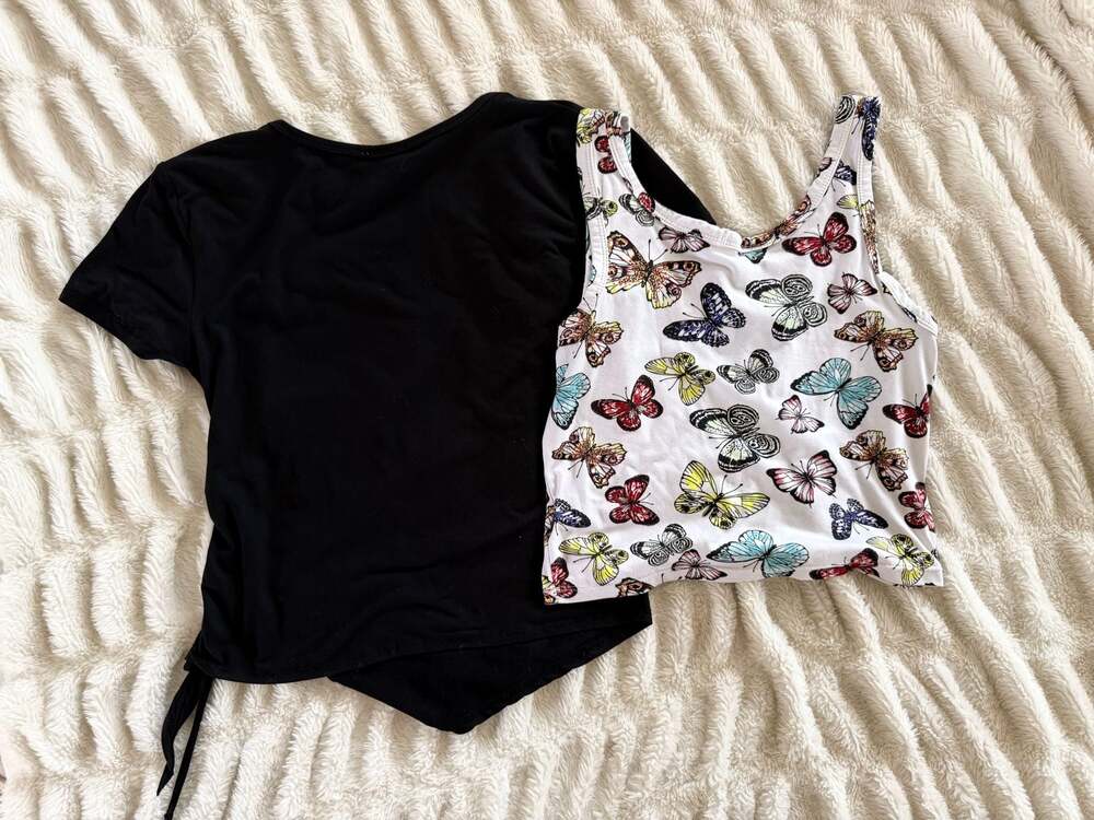 PERSAYA Black Ruched Side Tie T-Shirt and Butterfly Print Tank Top Set - Picture 2 of 5
